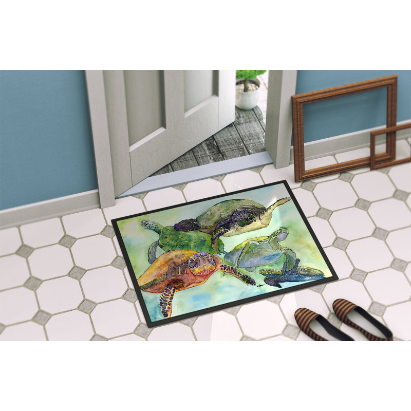Abye Machine Woven Polyester Indoor / Outdoor Area Rug in Green/Blue, Rectangle 1'6" x 2'3"