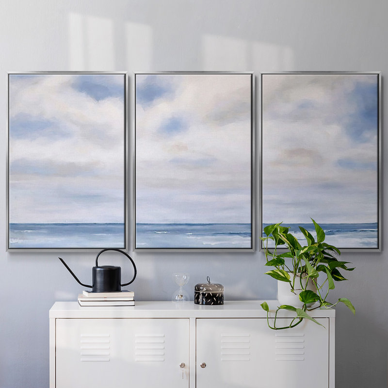 The Wave - 3 Piece Floater Frame Print on Canvas, 24" H x 48" W x 2" D, Silver