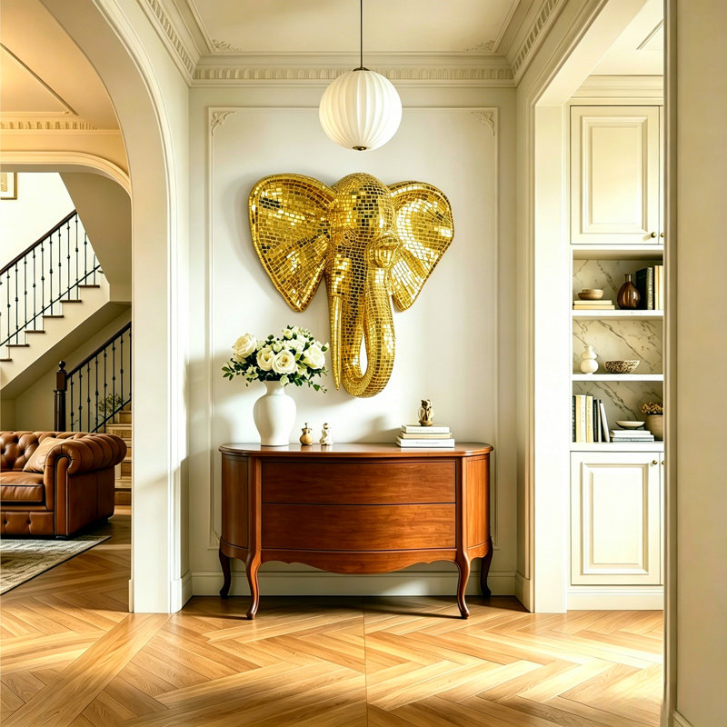 Décoration murale 30,75 "mosaïque argentée en forme de tête de diamant et d'éléphant, art moderne glam, Doré