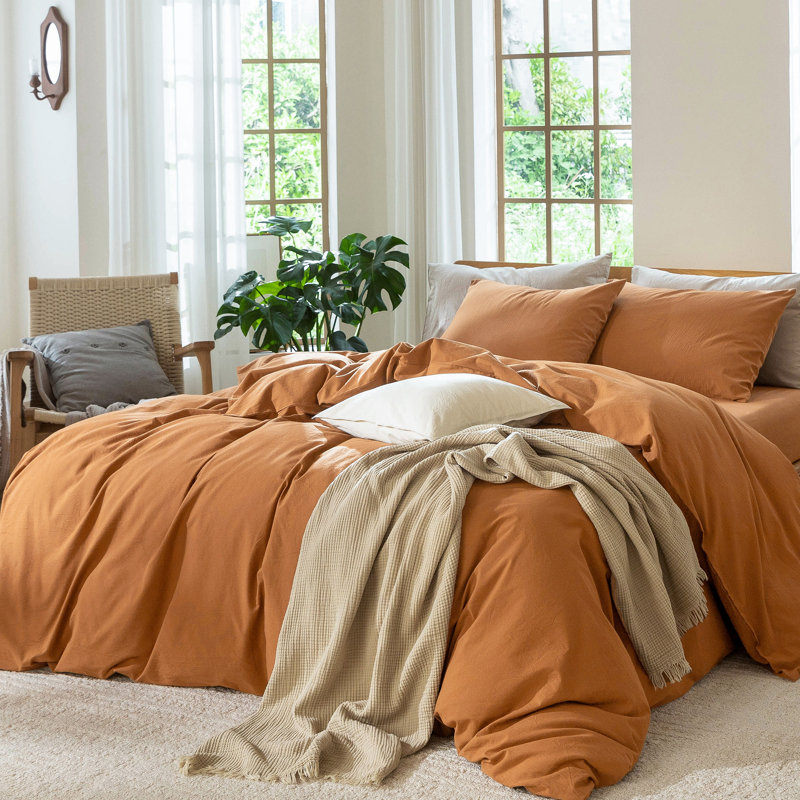 Ensemble de housse de couette 100% coton délavé MooMee, Housse de couette grand et 2 taies d'oreiller stan, Orange brûlé