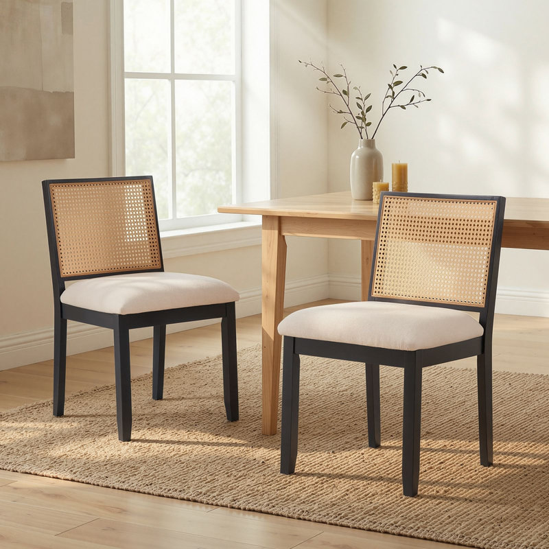19.6" Wide Side Chair Modern Solid Wood Dining Chair with Rattan Backrest, Black