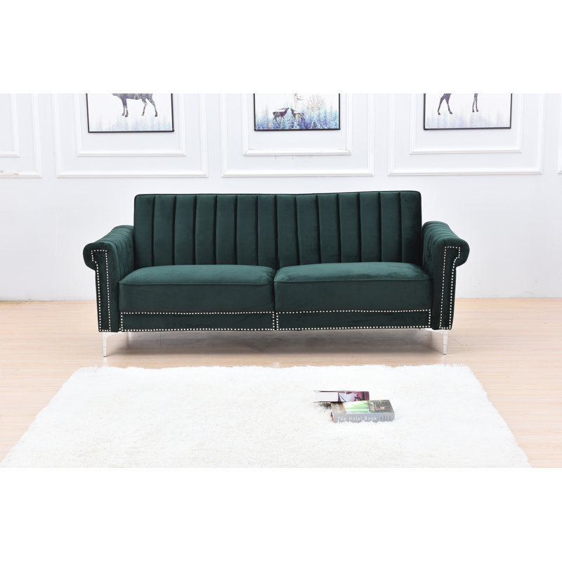 Twin 85'' Velvet Futon And Mattress, Green