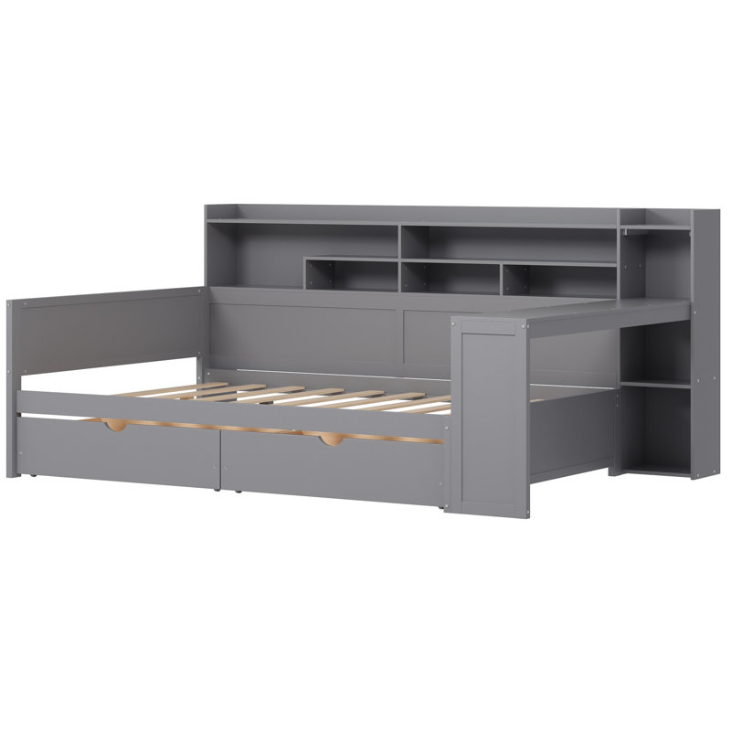 Wooden Daybed With Storage Shelves, Multi-Functional Bed With Two Storage Drawers And Study Desk, Gray, Full