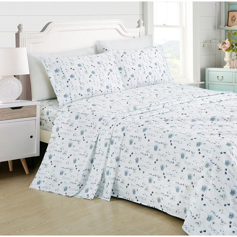 White Floral Microfiber Queen Bed Sheet Set with Deep Pockets