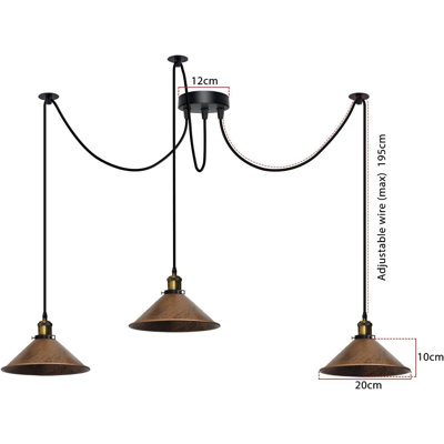 Vintage 3 Way Spider Pendant Light E26 Ceiling Lamp with 195cm Adjustable Cable Metal Conical Shade Chandelier Lighting Fixture for Kitchen Island Dining Room Bedroom Cafe Bar