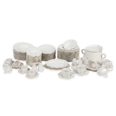 Elegant 83-Piece Dinner Set, 100% Porcelain, White & Gold | Includes Soup Bowl (10 x 10 x 4 in), Plates (8.7 x 8.7 x 0.8 in), Dessert Plates (8.3 x 8.3 x 0.8 in), Tea & Coffee Cups | Perfect for Formal Dining & Entertaining