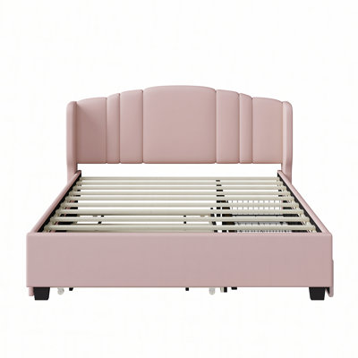 Upholstered Platform Bed with Wingback Headboard, One Twin Trundle and 2 Drawers, No Box Spring Needed, Linen Fabric, Queen Size
