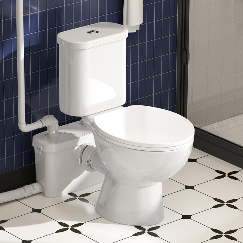 500w Macerating Toilet With 4 Water Inlet, Durable Pump, Two-piece Upflush Round Toilet For Basement-space Saving