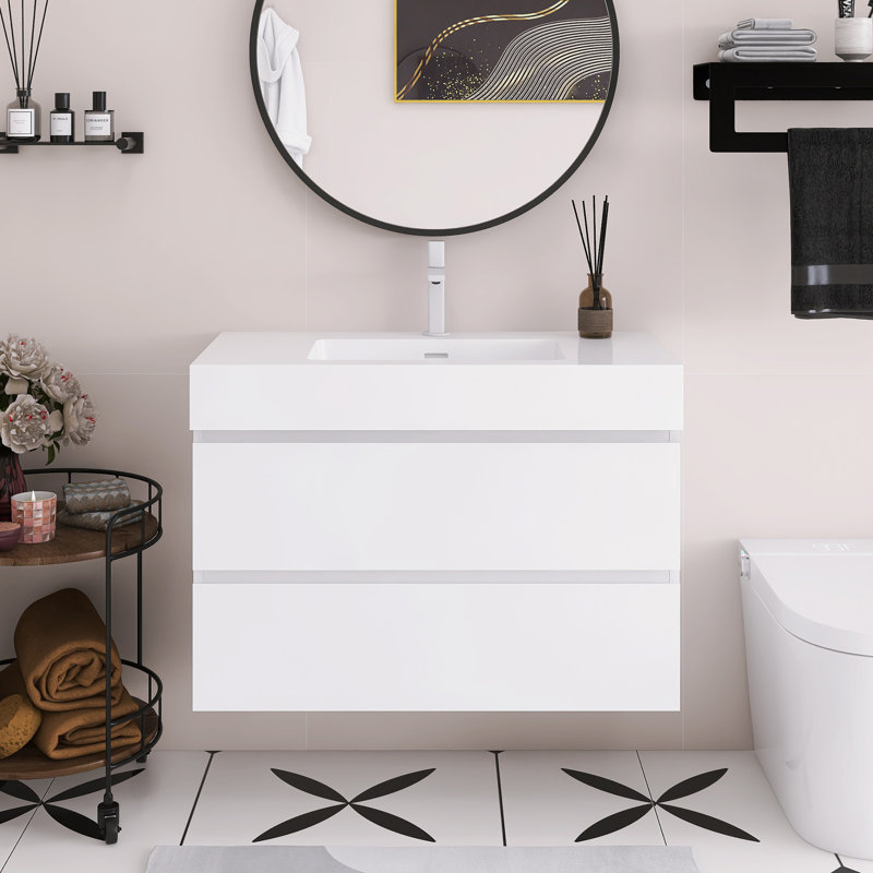 Meuble-lavabo flottant mural 36 po avec lavabo, Blanc, Blanc