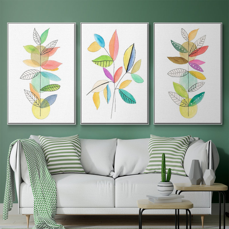Moon Rising Leaves I, ensemble de 3 toiles encadrées sur toile, Blanc, H 40 po x l 78 po