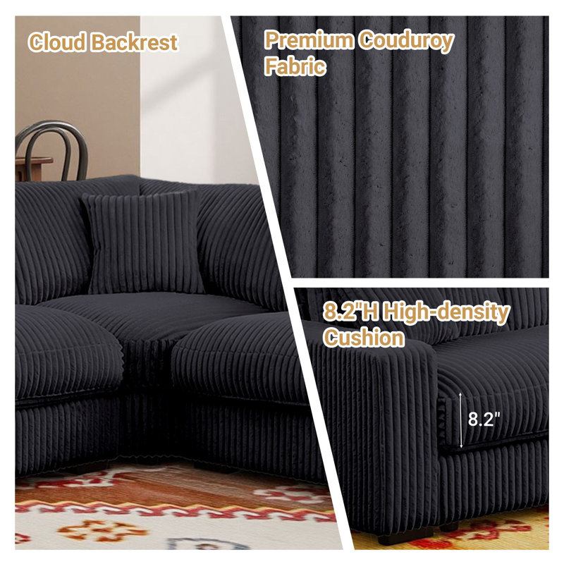 99" W Modular Sectional Sofa 4-Piece Corduroy Deep Seat Couch With Corner & 35" Wide Cloud Movable Ottoman, Gray Corduroy
