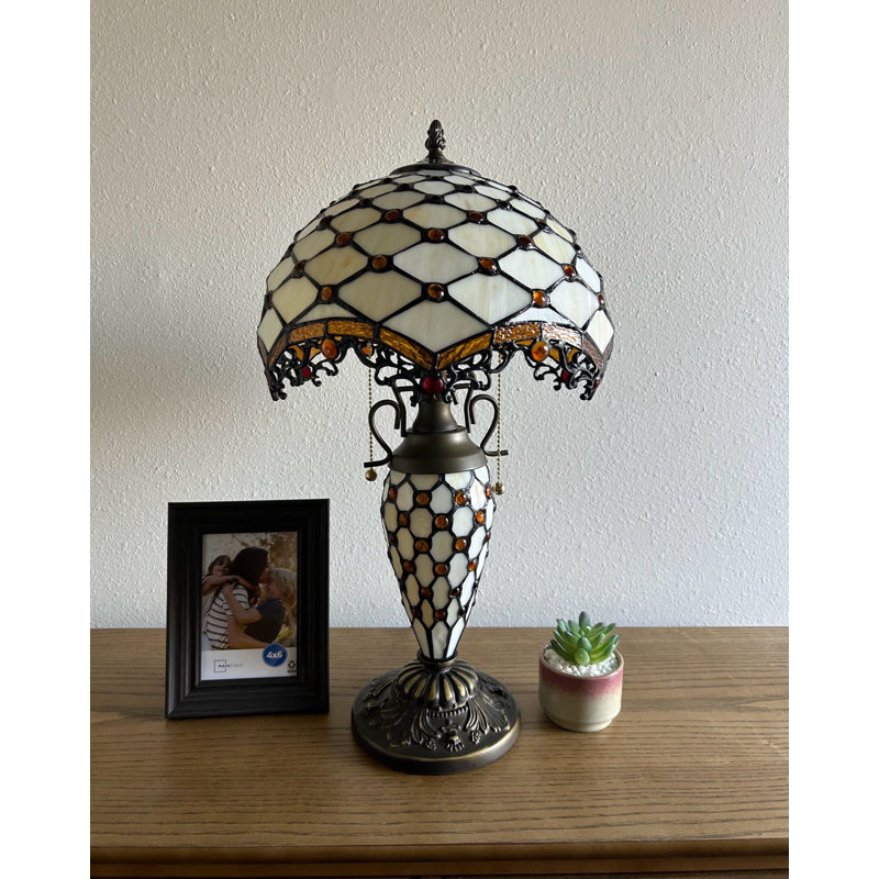 Simonson Tiffany Table Lamp Beige Stained Glass Shade And Base LED Bulbs Included, 22" H x 12" W x 12"