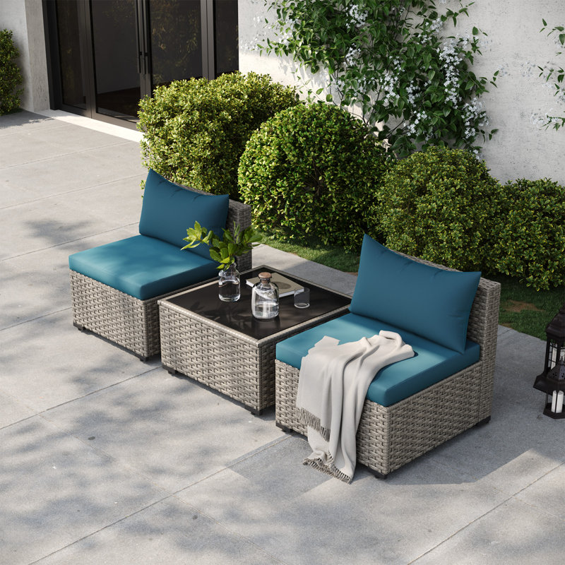 Ensemble de canapé d'extérieur en osier pour 2 personnes avec coussin, Bleu lac