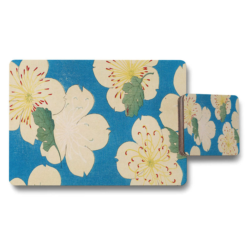 Blue Floral Hibiscus Placemats And Coaster Set For Dining Tables