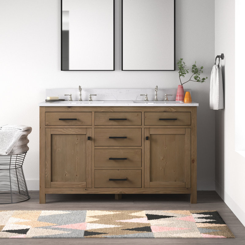 Ajiya 54" Double Bathroom Vanity Set, Textured Natural/Matte Black, Carrara White