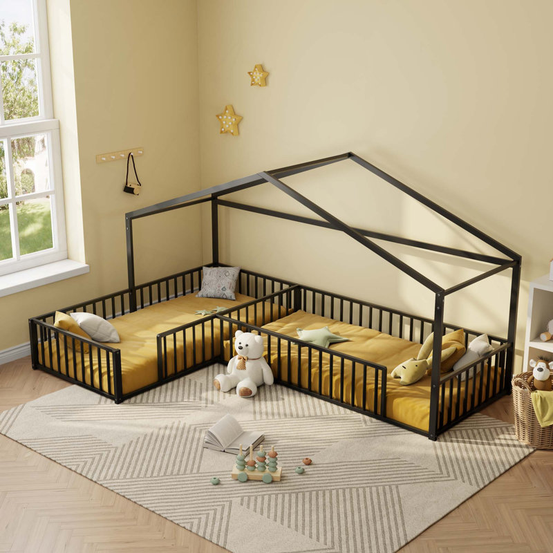 Structure de lit d'angle double en L avec clôture, sans lattes, Black