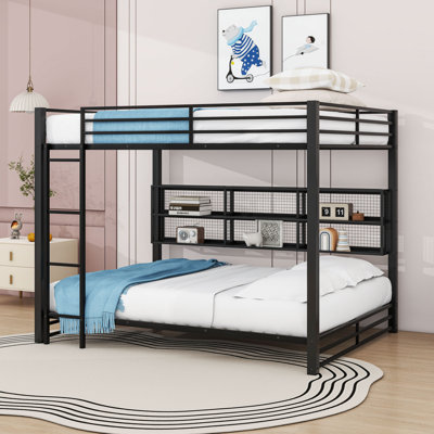 Queen Over Queen Metal Bunk Bed With Storage Shelves And LED Light