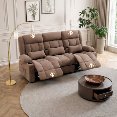 Manual Reclining Sofa with Cup Holders and Side Pockets. 3-Seat Recliner Couch