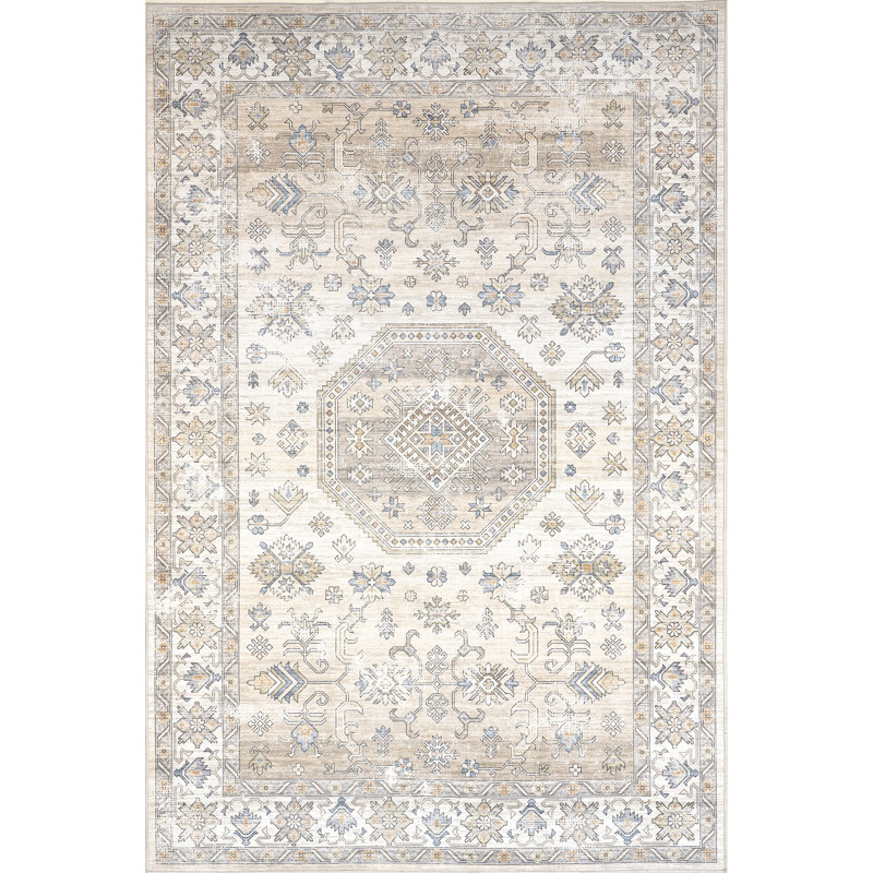Darby Medallion Spill Proof Machine Washable Area Rug for Living Room Bedroom Dining Room, Beige/Ivory, Rectangle 3' x 5'
