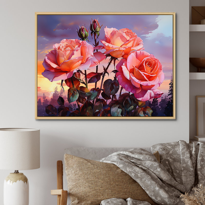 Coral Roses Sunset I, Cadre naturel flottant, H 16 po x l 32 po x P 1 po