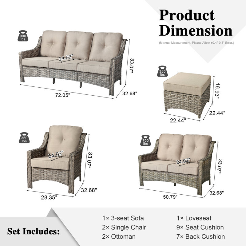 7 - Person Wicker Outdoor Conversation Set, Patio Sofa Set with Cushions, Beige