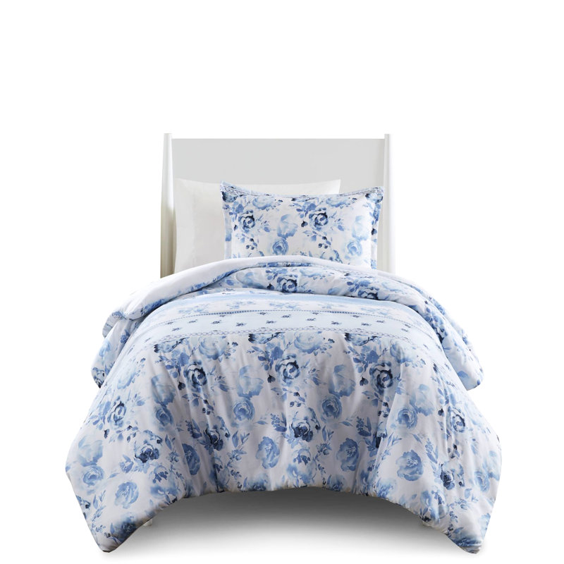 Housse de couette rayée à motif floral bleu Enticing, double / grand, microfibre, Motif floral bleu