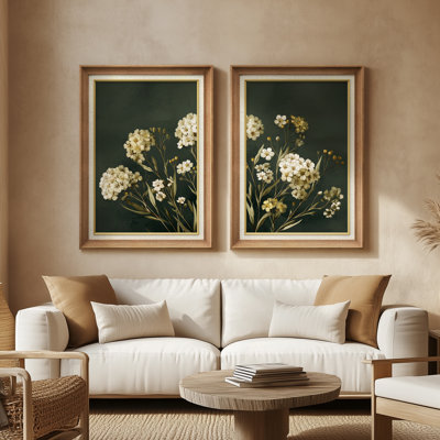 Arrangement floral fleurs foncées botaniques vert foncé - ensemble de 2 reproductions d'art encadrées de qualité supérieure sur papier 26 po x 36 po