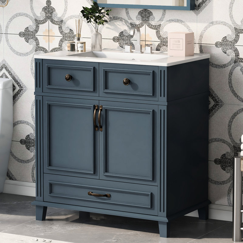Meuble-lavabo de salle de bain rétro bleu 30 po avec structure en bois massif, lavabo en céramique, tiroir à fermeture en douceur, glissière de tiroir lisse, meuble-lavabo à rainure unique, style, lavabo brillant, charnières, quincaillerie exquise