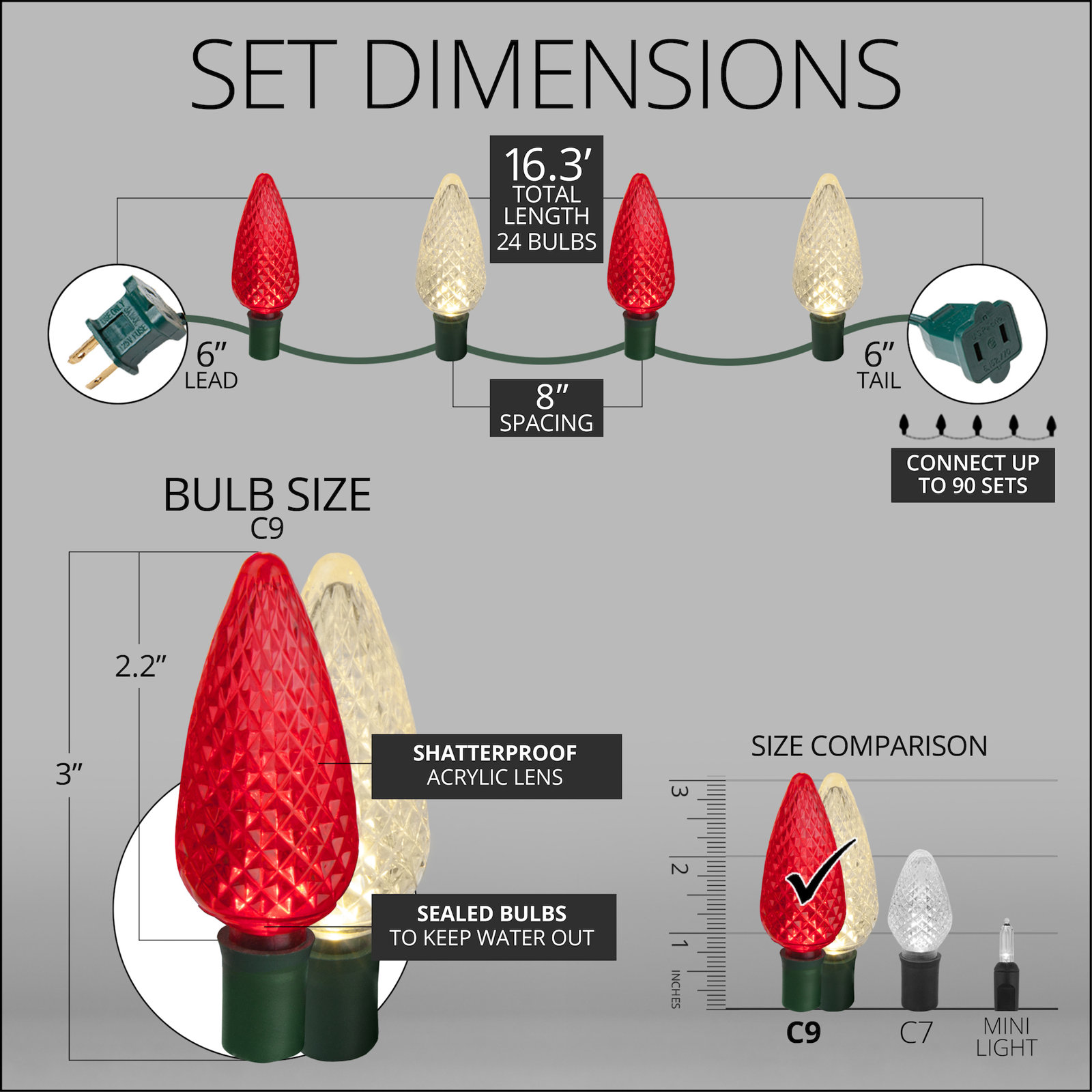 C9 LED Christmas String Lights, Red/Warm White, 16.3' L, 24