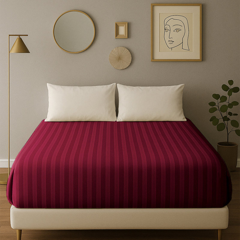 40cm Deep Pocket Microfiber Stripe Fitted Sheet, Burgundy, Double (4'6)