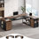 Bureau de direction 78 po avec classeur verrouillable, bureau en L avec prises de courant, écran d'intimité, noyer