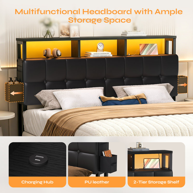 Damerius Upholstered Storage Headboard With Built-In Charging Station, LED Light Strip, Hidden Drawer And Shelf – Tufted Button Design