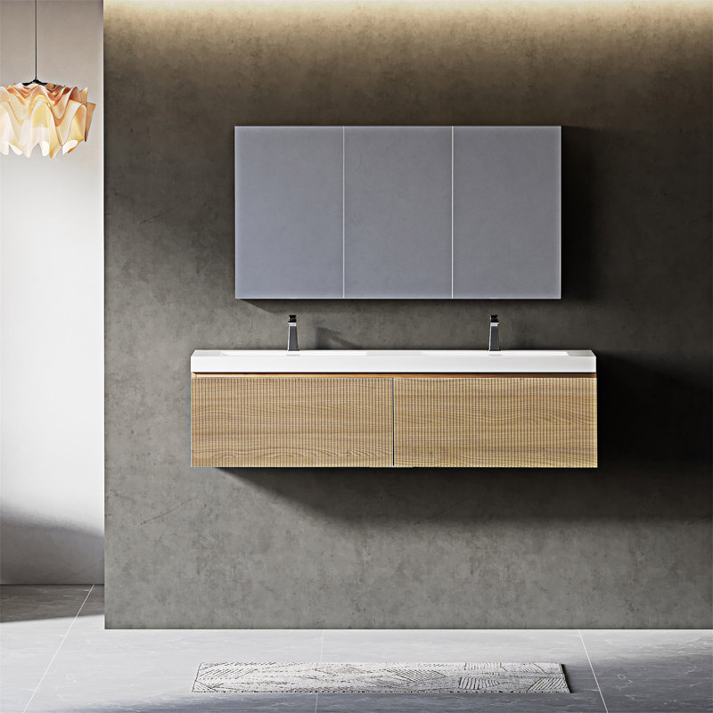 Meuble-lavabo mural flottant avec lavabo et lavabo flottant, Blanc, Bois de chêne naturel