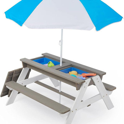 Wooden Kids Picnic Table, Sand And Water Table With Umbrella, Activity Table For Outdoor Backyard Patio Play