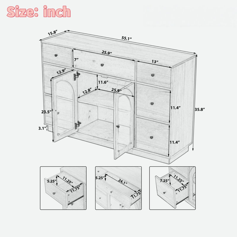 Buffet avec 2 portes, 7 tiroirs et tablette réglable, Noir