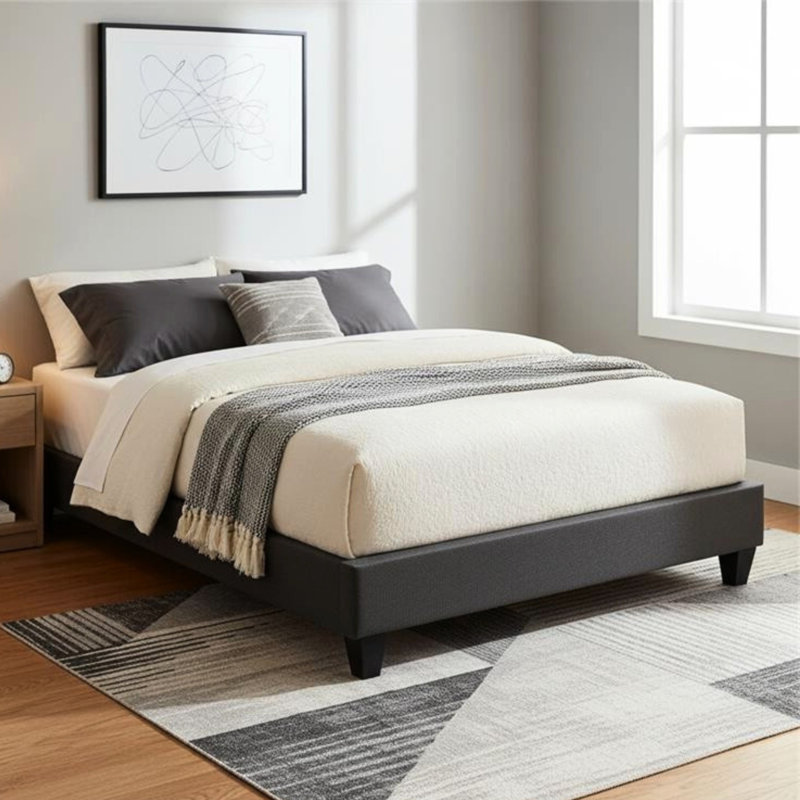 Amero Low Profile Upholstered Twin Platform Bed Frame with No Headboard, Twin, Gray
