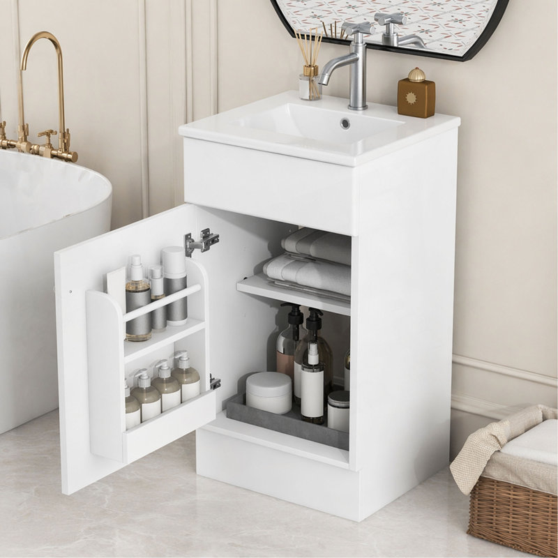 Meuble-lavabo 18 po avec lavabo, meuble-lavabo avec tablette de porte et tablette réglable, White/Silver, 18"