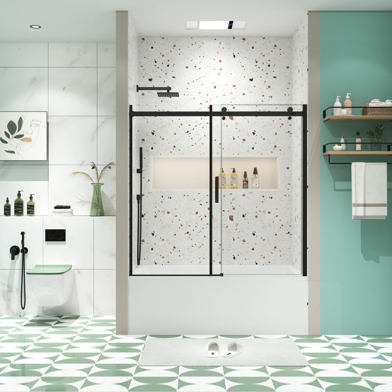 Porte de douche coulissante pour baignoire, verre trempé 5/16 po, noir mat, conception de fuite durable