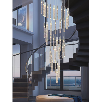 Adelo 12.5ft Silver 36-Lights Staircase Crystal Chandeliers Bubble Column LED Dimmable 3000-6000K