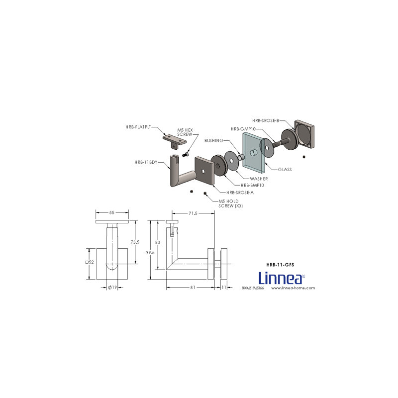 Glass Mount Handrail Bracket with Square Rose and Flat Plate, Polish Stainless Steel