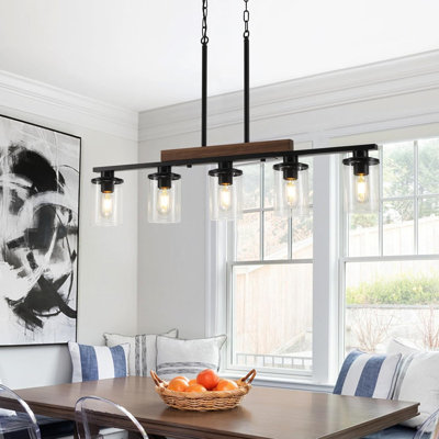 Modern Farmhouse Chandelier With Wood And Metal Design, Adjustable Height, Clear Glass Shade, 5-Light Pendant Fixture For Kitchen Island And Dining Room