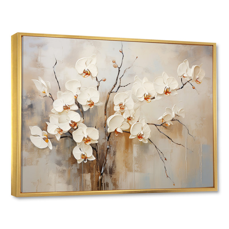 Orchidée beige épanouie sur toile, H 16 po x l 32 po x P 1 po, Cadre flottant doré