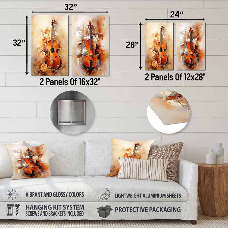 Violon mandoline Melody Sienna Serenade - ensemble de 3 reproductions d'art mural en métal, H 28 po x l 24 po