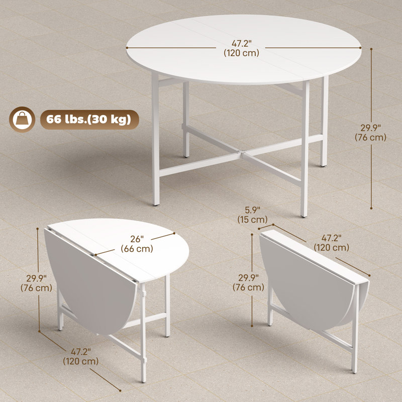 Table de salle à manger pliante pour 3 à 6 personnes, table à abattants 47 po, blanc, H 29,9 po x L 47,2 po x l 47,2 po