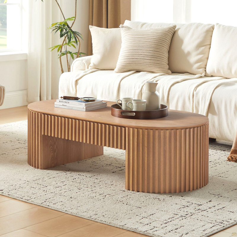 51.18'' Oval Wood Coffee Table With Drawer, Oak