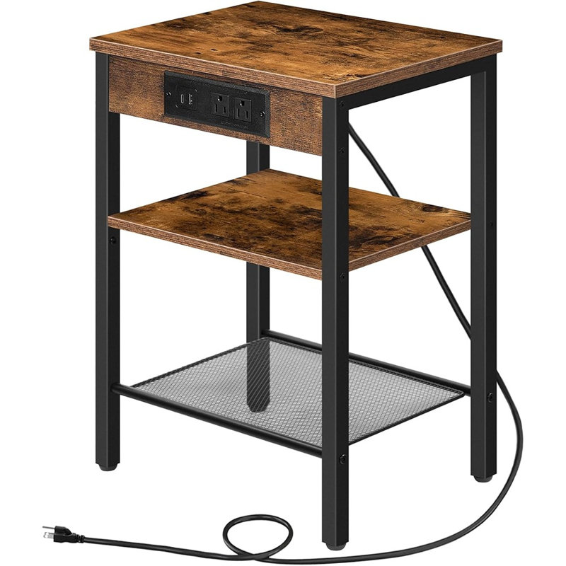 Table d'appoint avec station de charge, ports USB et Type-C, table de bout à 3 niveaux avec tablette réglable, petite table de chevet pour la chambre à coucher, le salon et les petits espaces, brun rustique