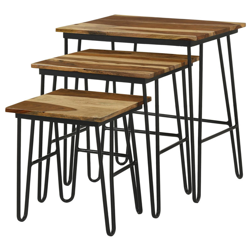 Table gigogne 3 pièces naturelle et noire avec pieds en épingle, style Mid-Century