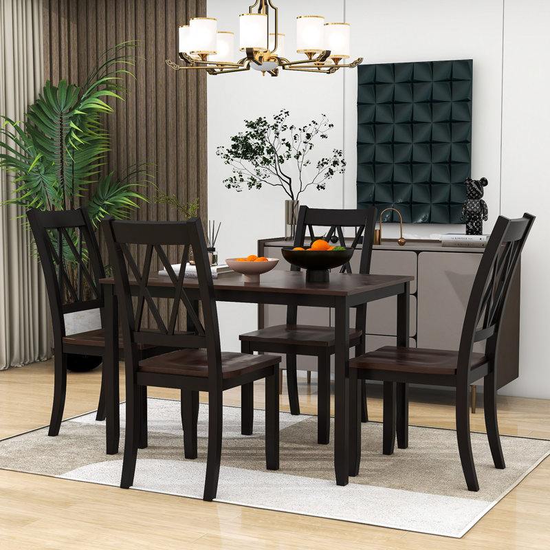 Ensemble de table de salle à manger 5 pièces avec cadre en bois et chaises ergonomiques Farmhouse, Noir