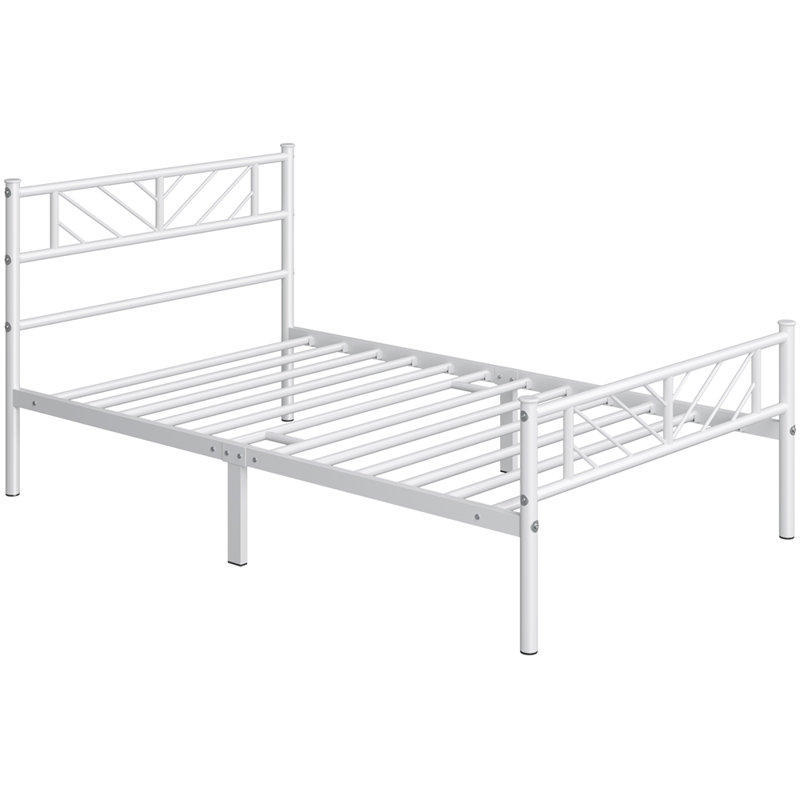 Minimalist Metal Slatted Bed Platform with Arrow Design Headboard, White, Single (3')