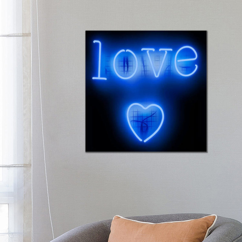 Neon Love Heart Blue On Black by Hailey Carr - Wrapped Canvas Print, 66.04 cm H x 66.04 cm W x 3.175 cm D